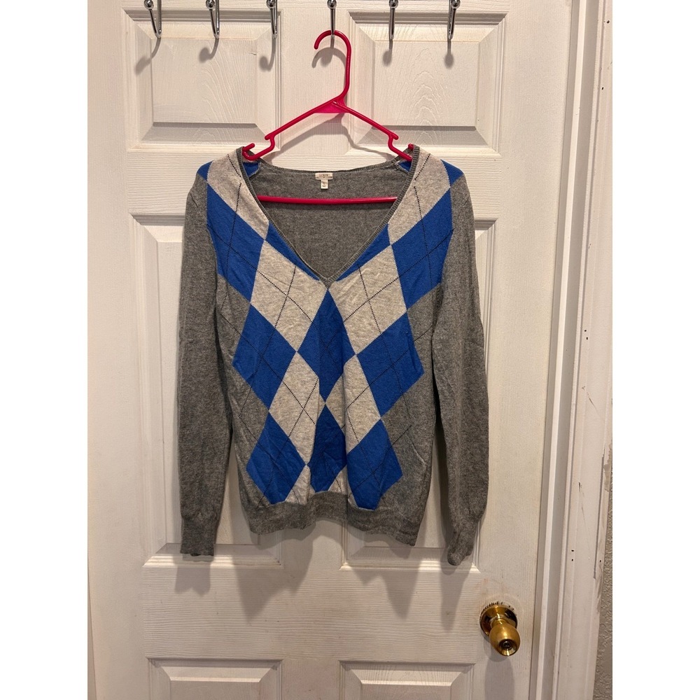 J.Crew Womens Gray Blue Argyle V-Neck Wool Cashmere Blend Sweater Large Academia